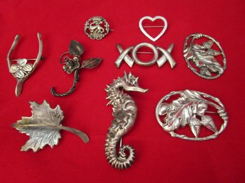 Beautiful Sterling Silver Pins & Pendant Pieces, 9 In All.