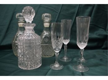 Vintage Etched Glass Decanter Bottles And Stemware Glasses