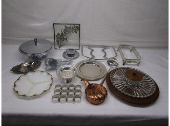 Glass & Silverplate Serving Dishes With Copper Covered Pan.