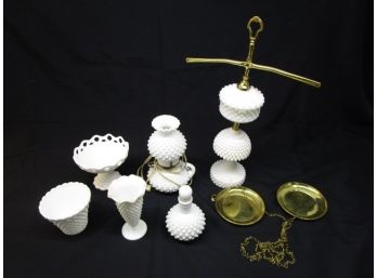 White Milk Glass Hobnail Scale, Lamp & Tabletop Display Pieces.