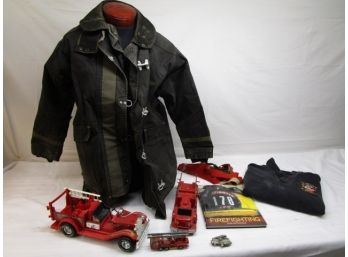 Fireman's Jacket, Sweatshirt, Book, Suspenders And Fire Truck Toys & 1978 Fire Truck Belt Buckle