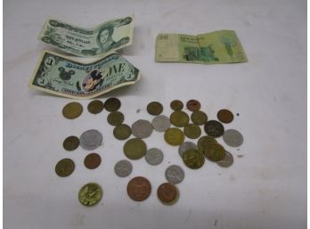 Foreign Coins With Disney Dollar Bill.