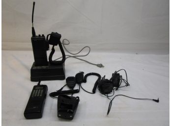Yaesu Portable Receiver Radio With Base, Relm Multi Band Receiver, Assorted Hand Mikes, 2 Carry Holsters.