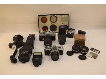 Vintage Canon & Olympus 35mm Cameras, Nikon & Other Lenses And Flashes