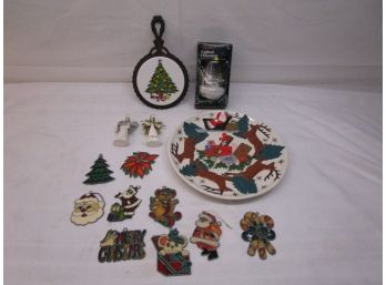 Christmas Plate, Stained Glass Window Hangers And Tile Trivet In Cast.