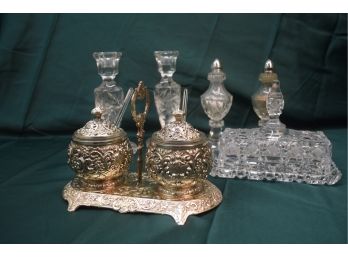 Beautiful Crystal Covered Butter Dish And Silver Finish Ornate Creamer/Sugar Set W/ Candlesticks & Shakers.