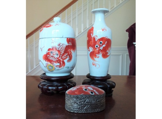 3 Piece Asian Porcelain Set With Dragon Decoration