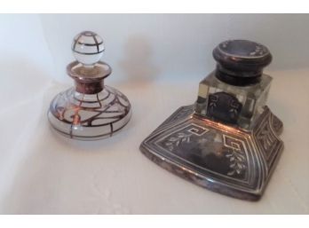 Art Deco Ink Well And Silver Overlay Glass Perfume Bottles