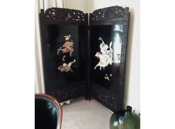 Carved Asian 2 Panel Screen With Semiprecious Stones