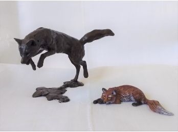 2 Signed Painted Bronze Fox Figurines