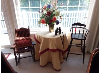 Two Child Size Chair And Rocker With Table, Flowers And Binoculars