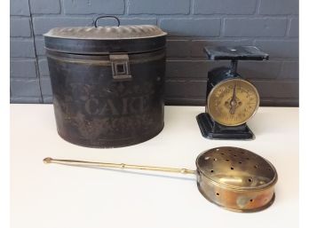 Antique Tin Cake Container, Brass Bed Warmer, And A Family Scale