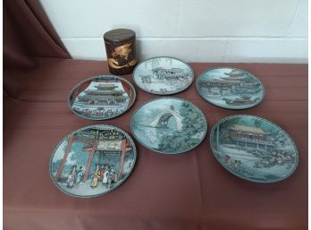 Six Collector Plates And One Decorative Canister