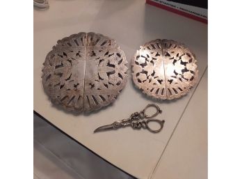 Sterling Grape Shears And 2 Silver Plated Trivets