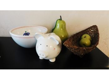 Porcelain Pig, Bowl, And  Wicker Center Piece And Pear