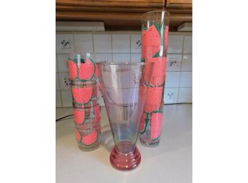 Pink Vase And Plastic Watermelon Cups