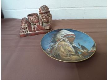 Native Indian Plate And Aztec Figure