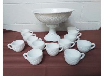 Milk Glass Punch Bowl With 13 Cups