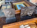 Misc. Lot Of Frames, Dice Game, Two Cast Iron Bookends, Deep Gold Shadow Box Frame From 1880's