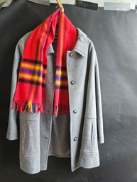 R82 - Size 22W Wool Blend Coat In Grey With Acrylic Scarf