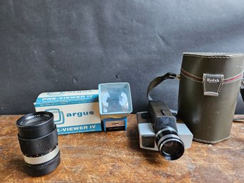 M213 - Kodak XL55 Movie Camera & Case And Argus Slide Viewer Vivitar 135mm Lens As-Found