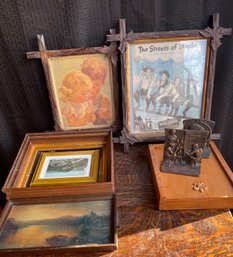 Misc. Lot Of Frames, Dice Game, Two Cast Iron Bookends, Deep Gold Shadow Box Frame From 1880's