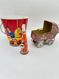 T177 1950's Tin Doll Stroller, Metal Bucket And Horn