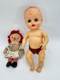 T17 Vintage 10' Eugene Drink And Wet Doll/ 7' Knickerbocker Raggedy Ann Doll