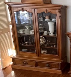 Large Two Piece Walnut Vintage Glass Door Bookcase With Key 60x75'