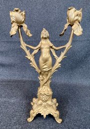 Vintage Candlestick Art Nouveau Woman Figure Candleholder 12' Pot Metal Missing Two Leaves