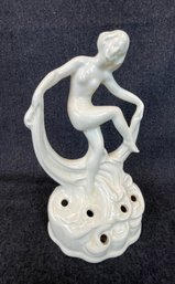 #9 Nude Woman Nymph Flower Frog Art Deco Nouveau German Porcelain Coronet Figurine 6' Foot Has Factory Flaw