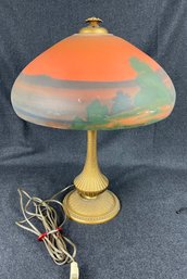 1920's Cast Iron Reversed Painted Lamp 24' Tall 16' Inside Diameter Of Shade Signed 1840