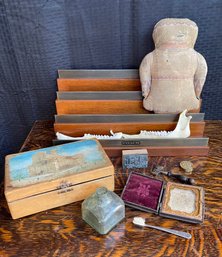 Wood Coach Stand, Box, Sterling Tooth Brush, Indian Cloth Doll. Ect