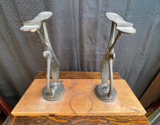 Two Metal Foot Shoe Shine Stands On Wood Board 17x23'