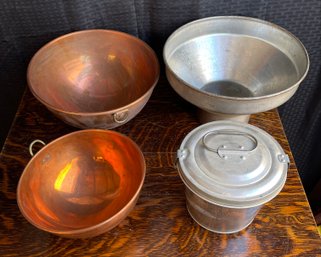Four Misc Pieces Two Copper Bowls England Hong Hong Milk Funnel
