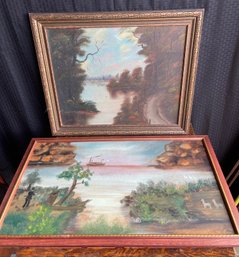 Two Vintage Original Oil On Board Paintings 18x31'