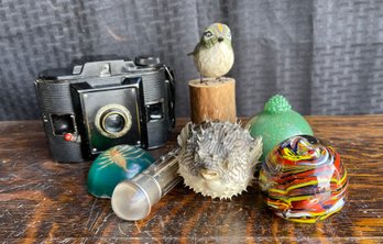 Paper Weights Puffer Fish, Hand Carved Wood Bird Camera. Snuff Bottle Nice!