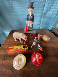 Metal Horse Racer Little Persons Head Missing, Plastic Uncle Sam Bank, Two Scorpions