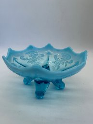 F79 Fenton Blue Opalescent Footed Glass Dish 3x7'