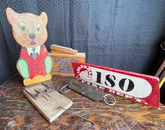 Wood Cat Cut Out, Shoe Box,mouse Trap, Wood Fire Dept Sign, Brass Feed Scale,