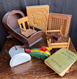 Various  Vintage Wood Toy, Wood Cradle Weaving Screens, Porcelain Drinking Cup. Misc