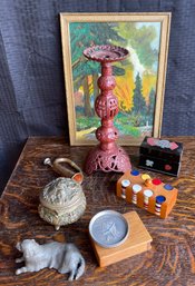 Misc Oil Painting Mini Bugle, Cast Iron Candle Stand, Mini Poker Chips, Pot Metal Dog, Jewelry Casket