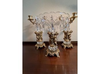 Brass And Crystal Angel Fruit Bowl And Candle Holders (set Of 3)