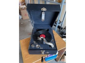 Vintage Vinyl Record Player In Metal Box