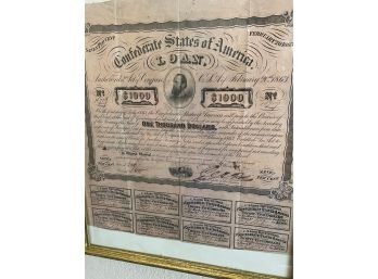 1863 Confederate States Of America $1000 Loan Bond Framed