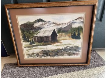 Wooden Framed Painting Of Cabin In The Mountains