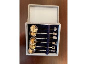 Set Of 6 Silver Figural Japanese Sugar Spoons And Case