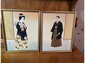 1950's Block Gold Framed Chinese Paintings Set Of 2
