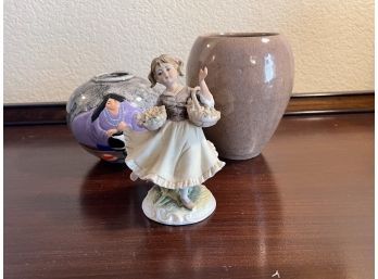 Small Ceramic Vases And Porcelain Girl Figurine