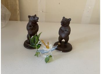 Bear Figurines And Glass Flower Art